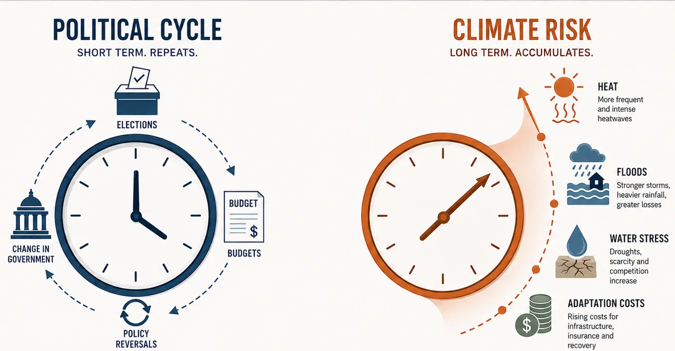 An editorial graphic comparing short political cycles with long-term climate risks such as heat, floods and adaptation costs.