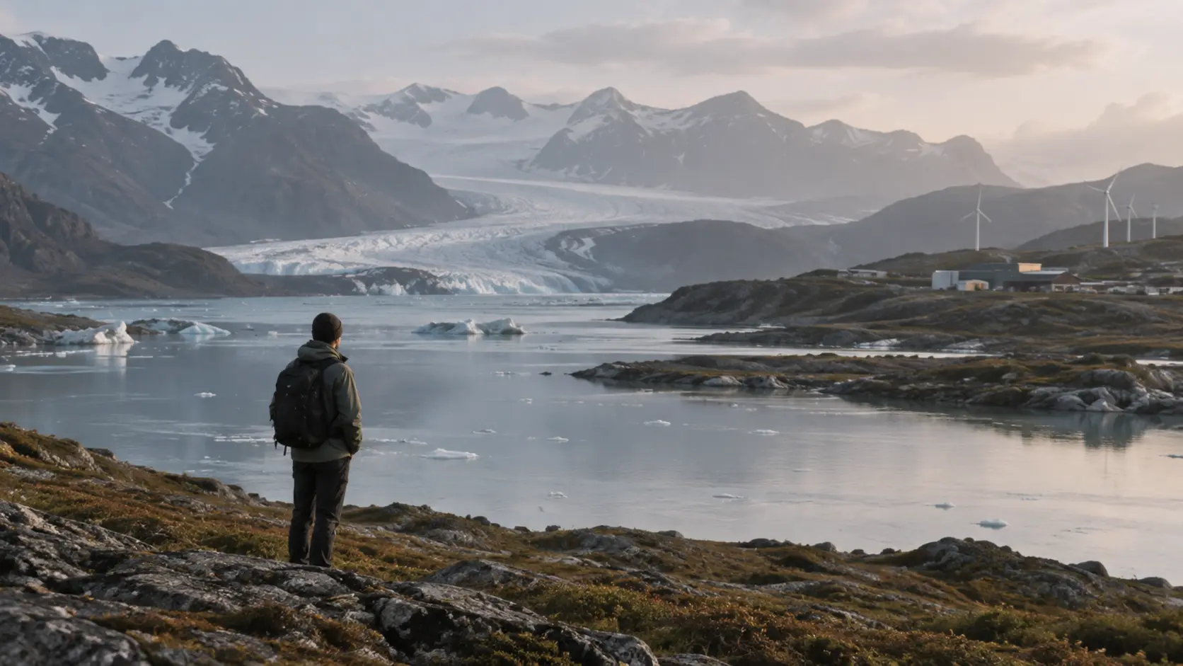 A person looks across a glacial landscape as ice stretches through a mountain valley.